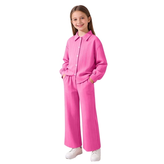 Girls Casual 2 Pieces Outfits Sets Comfy Long Sleeve Button Shirts Loose Wide Leg Pants Kids Trendy Spring Fall Lounge Set 8-12 Years