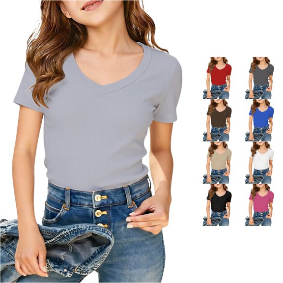 WhouRiu Girls Ribbed Knit Basic Tees Kids Solid Color Short Sleeve V Neck Tshirt Comfortable Cute Casual Summer T Shirts,7-8 Years