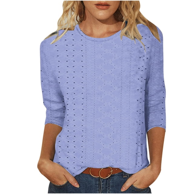 Annhoo Hauts d'Été pour Femmes à Manches 3/4 Grande Taille Décontractés en Broderie Anglaise à Col Rond Blouses Amples Douces Tuniques T-Shirt de Sortie
