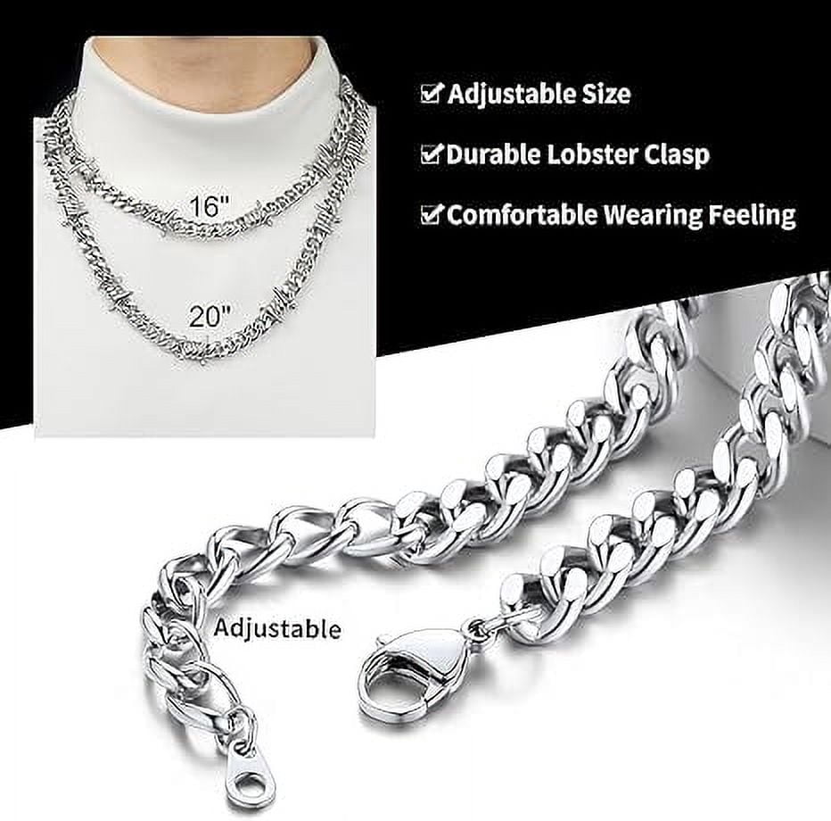 ChainsHouse Silver Barbed Wire Necklaces for Men Women Punk Thorns Chain Necklace 9mm Width Chunky Chains Jewelry Gift, 20 inch