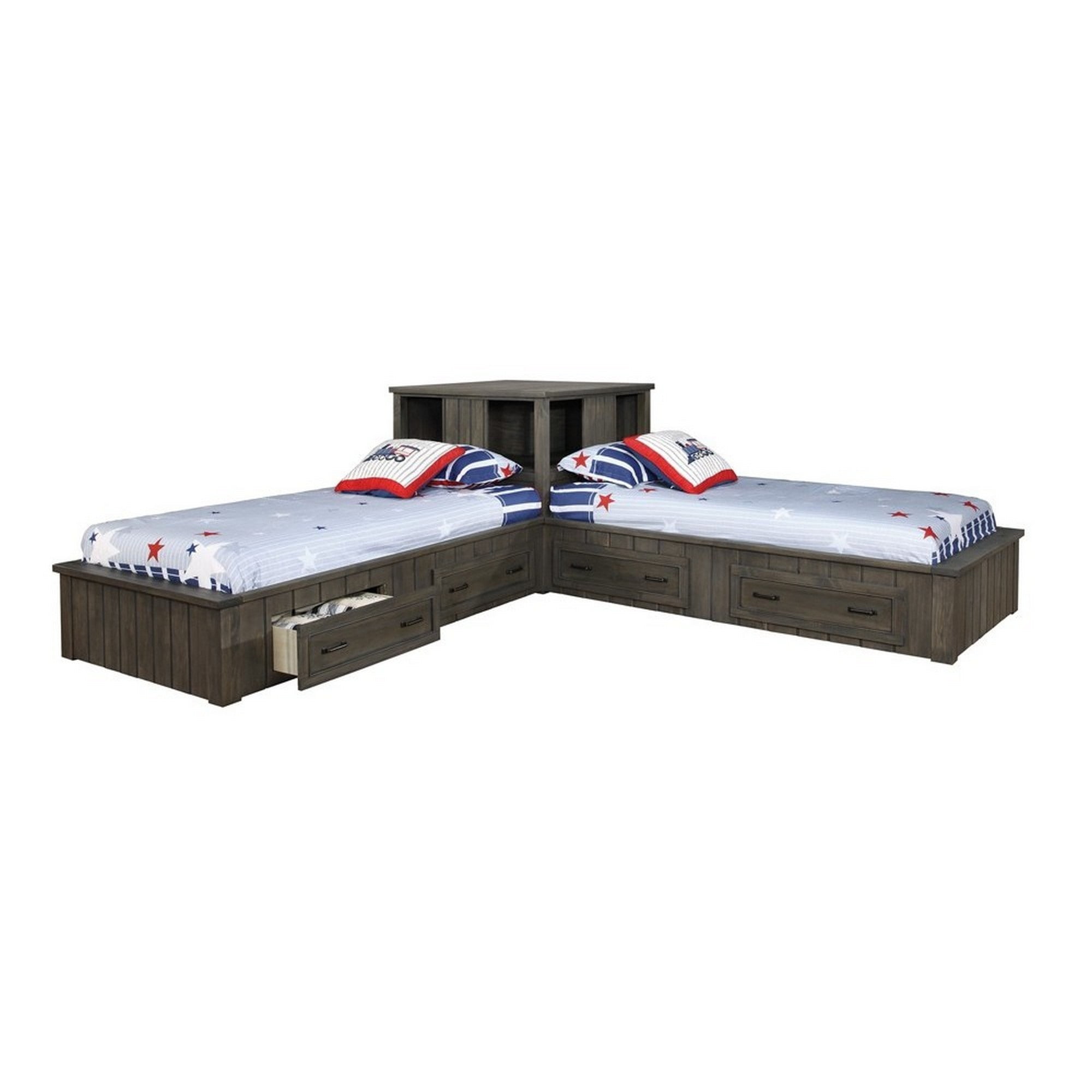 Contemporary Style Wooden Twin Corner Bed with Bottom Side Drawers