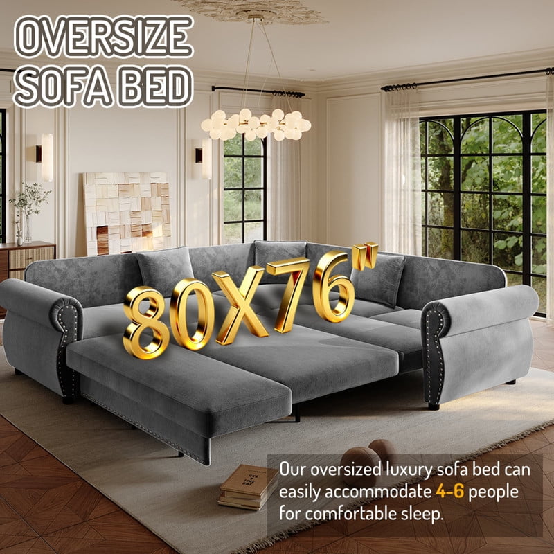 88.2" Sectional Sleeper Sofa with Pull Out Bed, Convertible Sleeper Couch with Nailhead Trim, 5-Seat Sectional Sofa Chenille Couch for Living Room Apartment