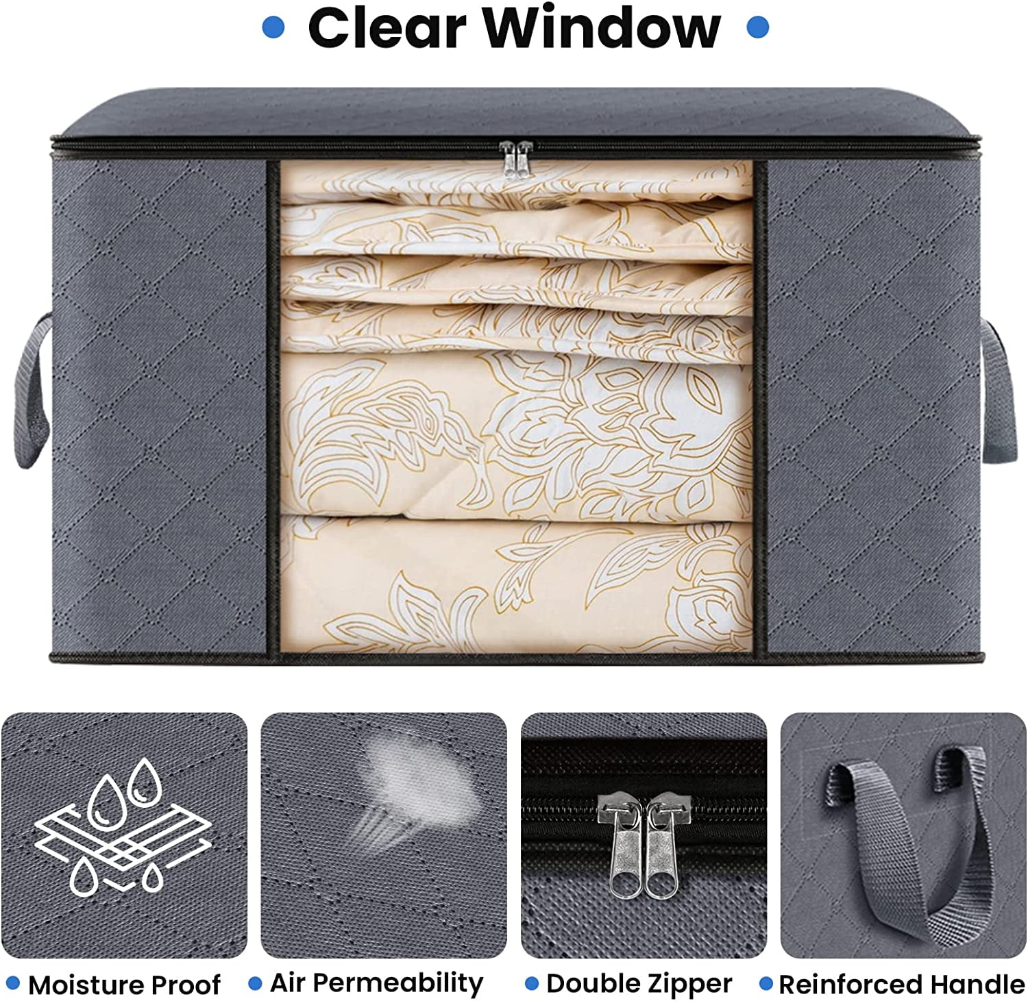 4-Pack Clothes Storage, Foldable Blanket Storage Bags, Storage Containers for Organizing Bedroom, Closet, Clothing, Comforter, Organization and Storage with Lids and Handle,Grey