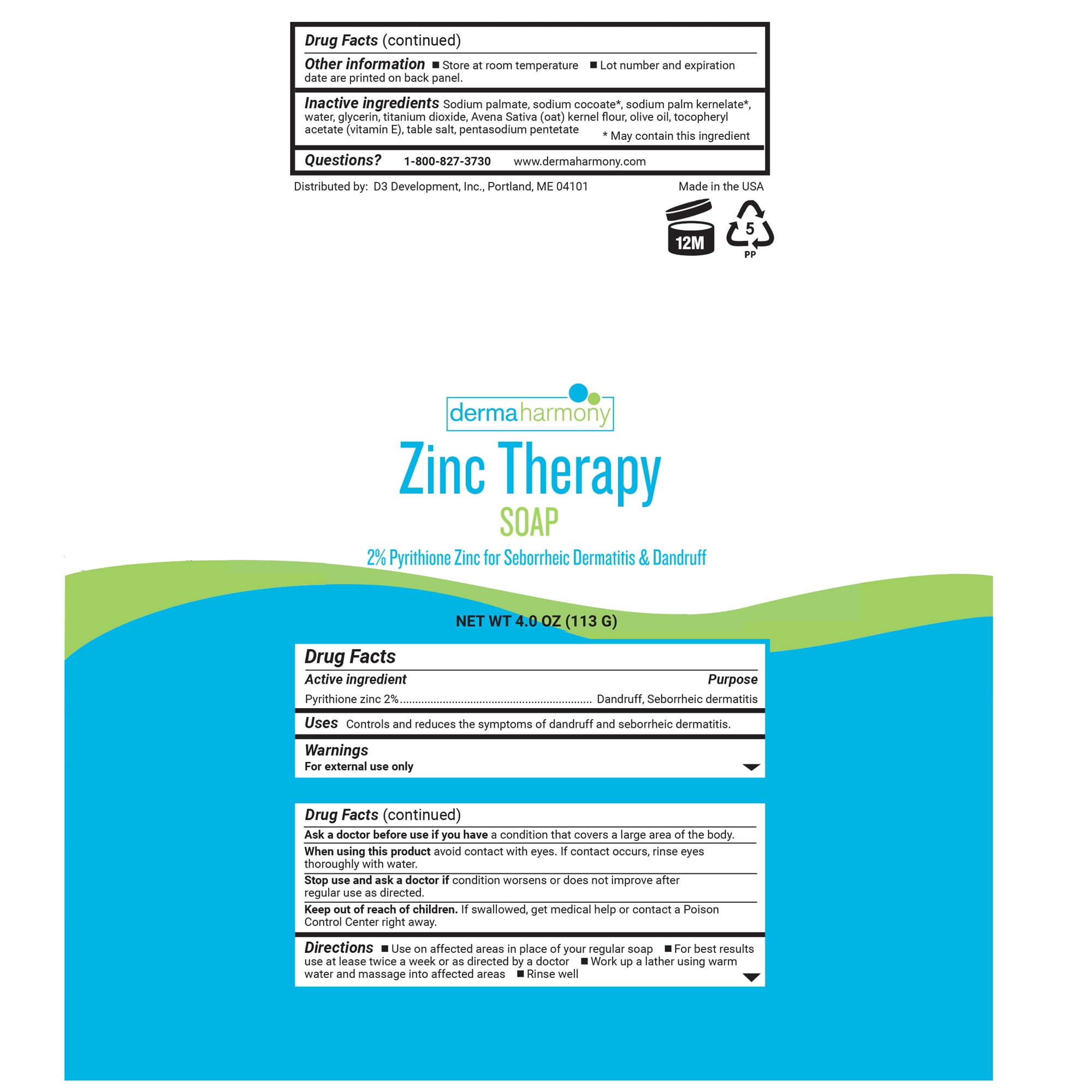 DermaHarmony 2% Pyrithione Zinc (ZnP) Bar Soap 4 oz for Seborrheic Dermatitis and Dandruff
