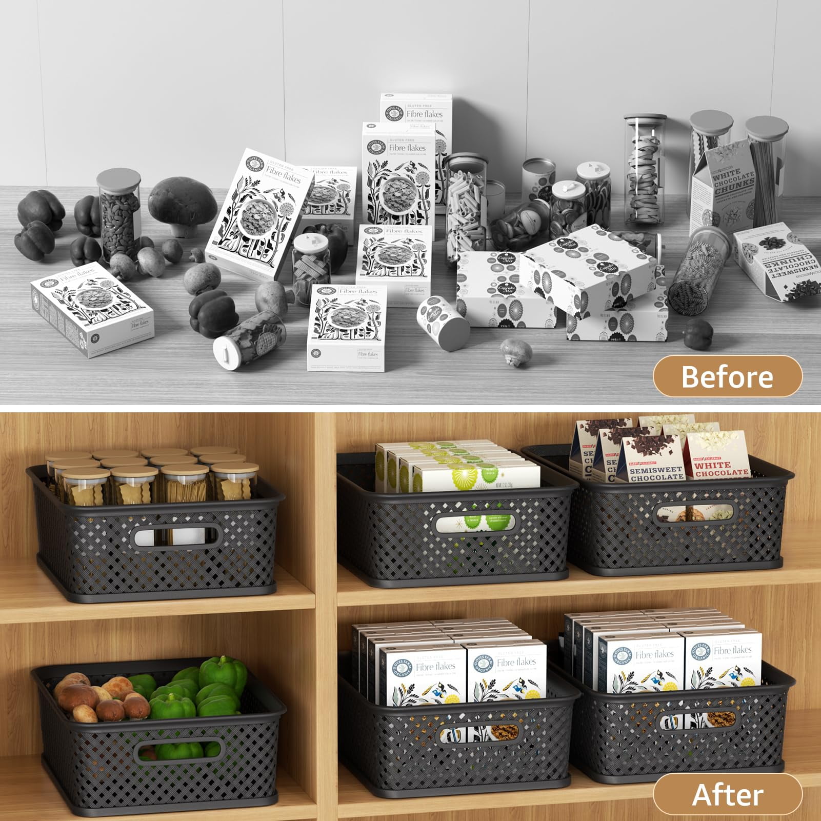 MaxGear 3 Pack Large Storage Bins with Handles, Black Woven Plastic Organizer Baskets for Home & Office Organization, 13.8x11.5x5.2 Inch