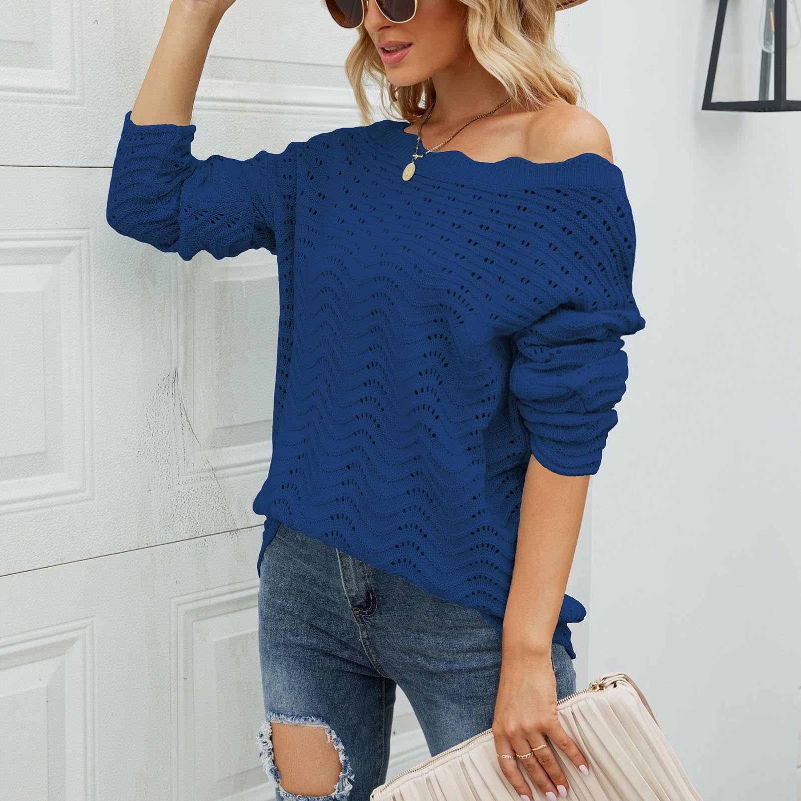 XZNGL Off the Shoulder Sweaters for Women Womens Solid Color