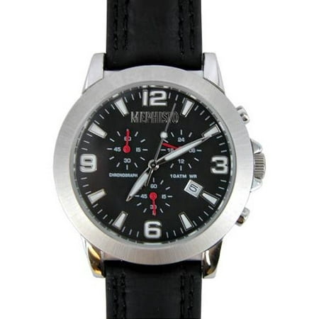 $425 Men Black Leather Band Stainless Steel Chronograph Watch