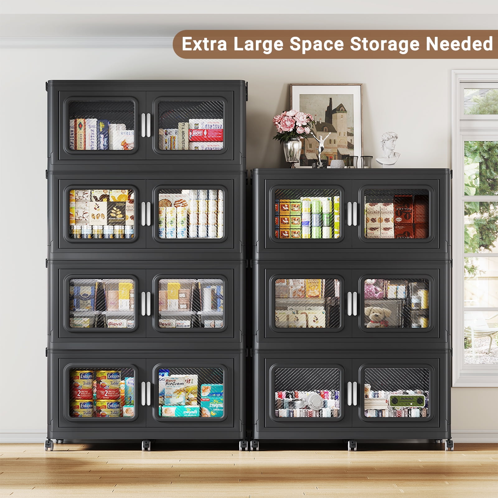Broview 660QT Stackable Storage Bins with Lids, Extra Large 165Gal Foldable Crates for Family Storage, Kids Sports Gear, Holiday Decor, Space Saving Collapsible Toy, Closet Organizers, 3-Pack Black
