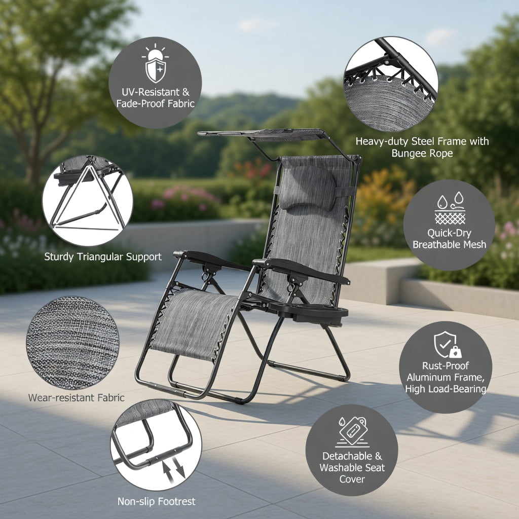 Hommoo Folding Reclining Lounge Chair with Adjustable UV-Protective Shade Canopy, Removable Cup Holder & Headrest, Gray