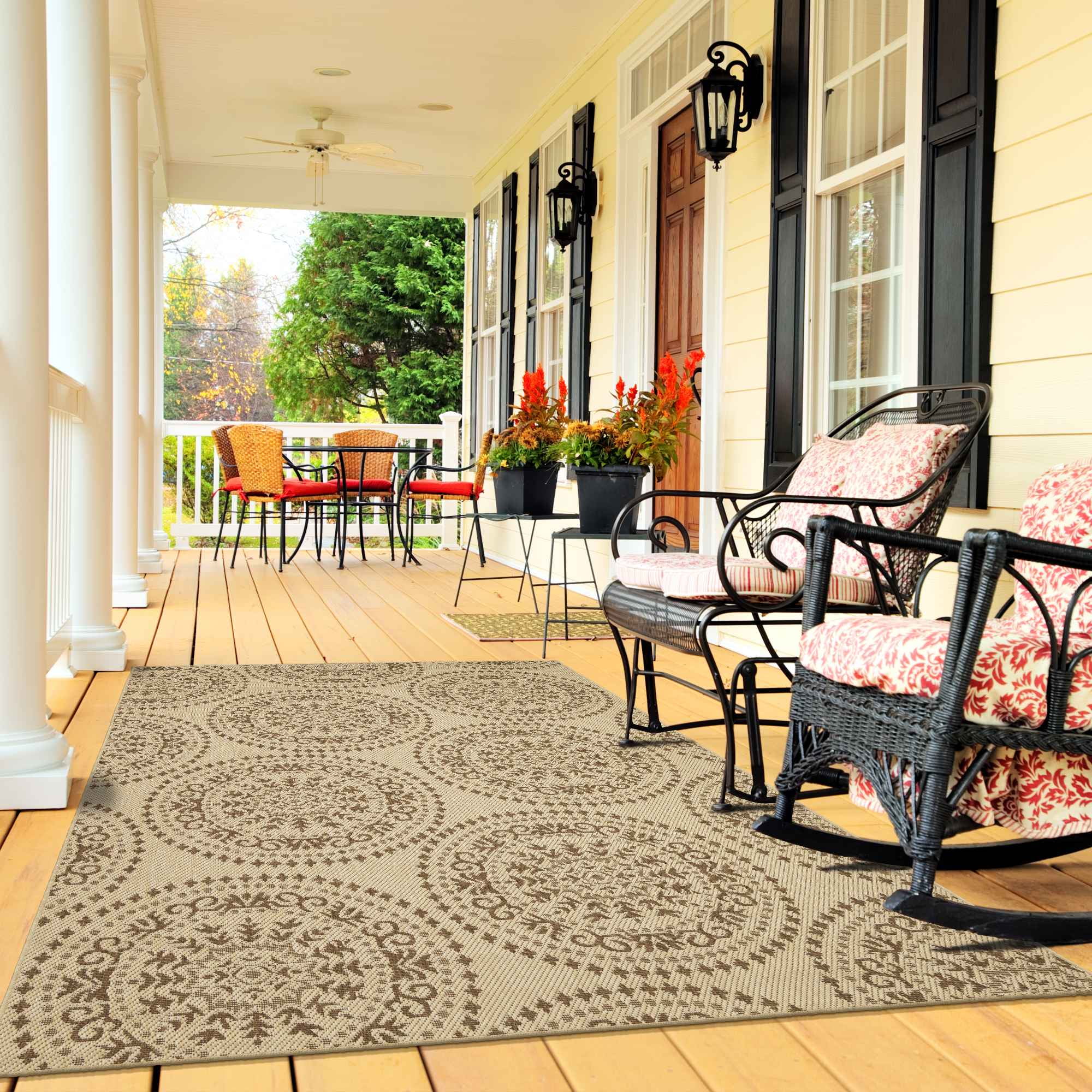 Ottomanson Landscape Medallion Design 5x7 Non Shedding Indoor/Outdoor Area Rug, 5'3" x 6'11", Beige