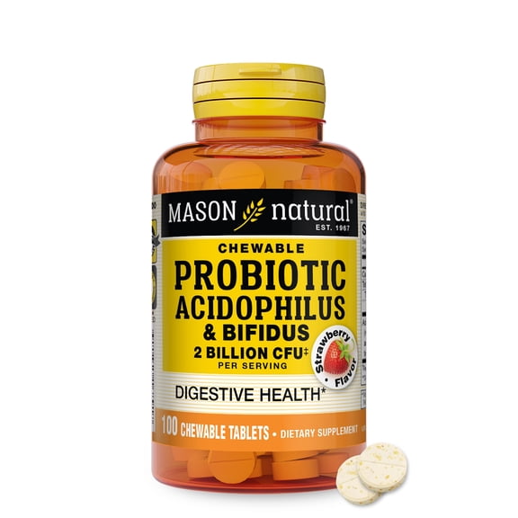 Mason Natural Probiotic Acidophilus with Bifidus, 2 Billion CFU, Strawberry, 100 Chewable Wafers
