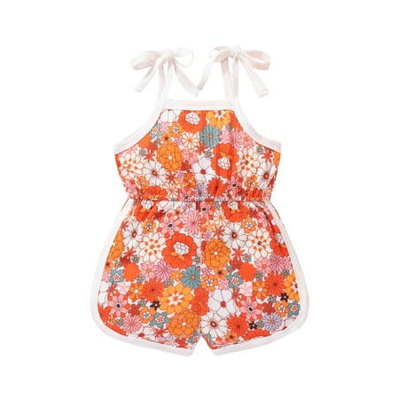 

Qtinghua Toddler Baby Girls Sleeveless Halter Jumpsuit Floral Sleeveless Dinosaur/Floral Print Strap Playsuit Summer Clothes Orange 18-24 Months