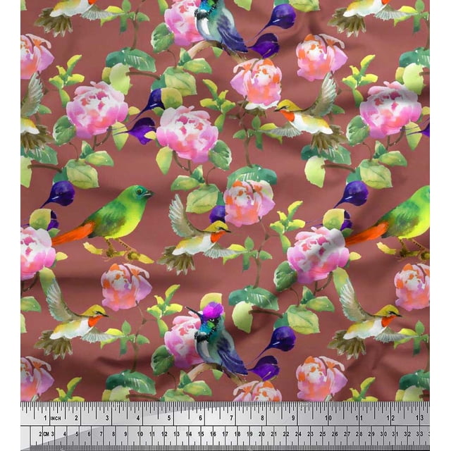 Soimoi Poly Georgette Fabric Leaves,Floral & Hummingbird Bird Print Fabric by Yard 42 Inch Wide