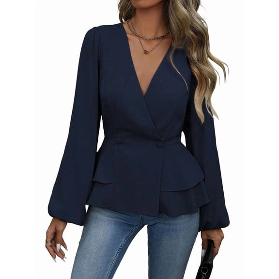 Women Dressy Long Sleeve Blouses,Wrap Peplum Work Shirts V Neck Business Tops Elegant Fall Outfits Navy Blue L