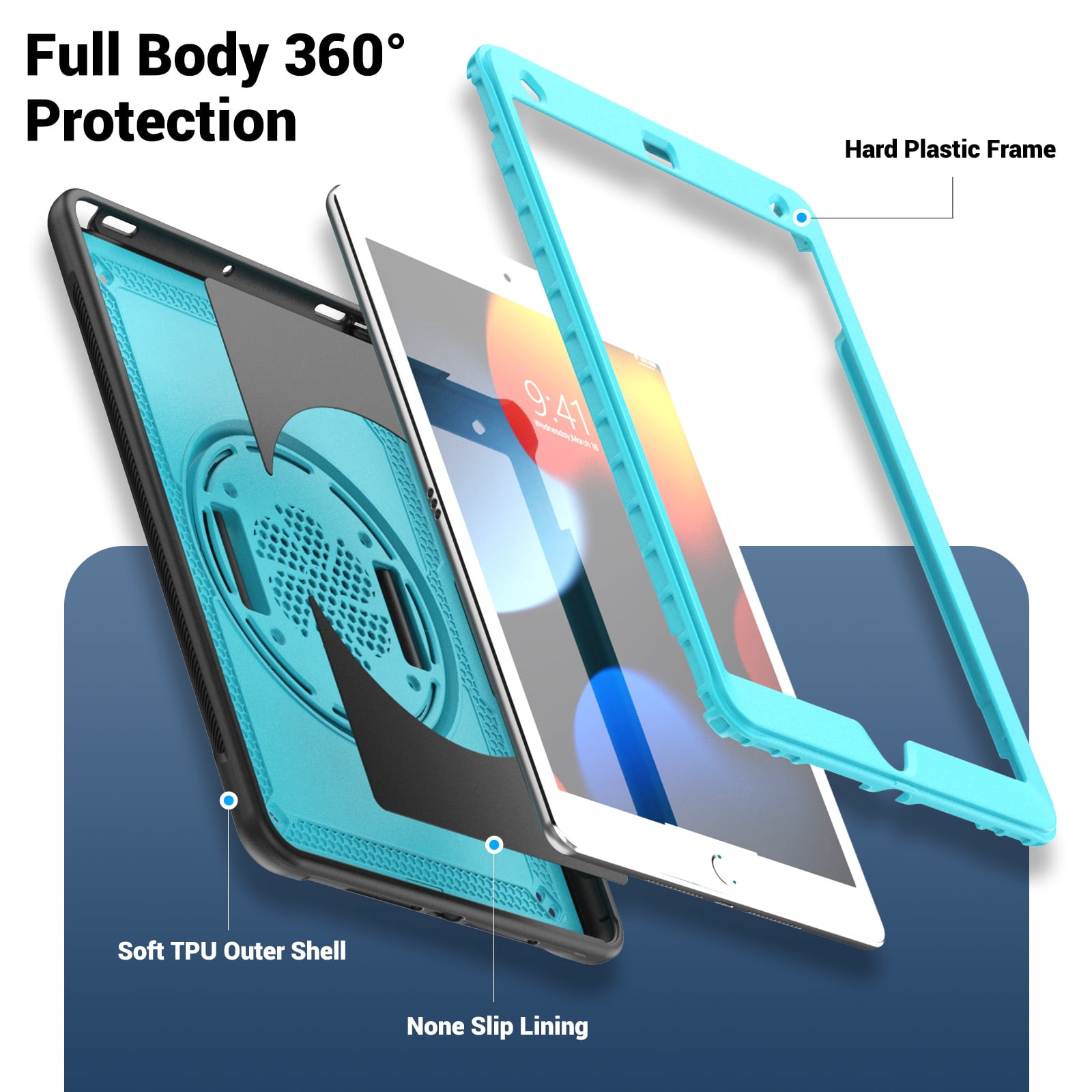 ELEHOLD Case for Apple iPad 10.2 2021/2020/2019 Pro 10.5'2017)(Air 3 10.5 (2019),Soft TPU Rugged Durable Case with 360° Rotating Hand Strap & Foldable Hidden Stand & Pencil Holder,Lightblue