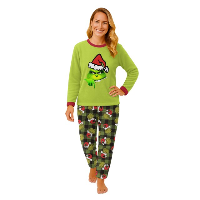 Moonsky-2026 Christmas Family Flannel Pajamas Matching Set Christmas Print Long Sleeve Tops and Green Plaid Pants Sleepwear Soft for Winter#Women S