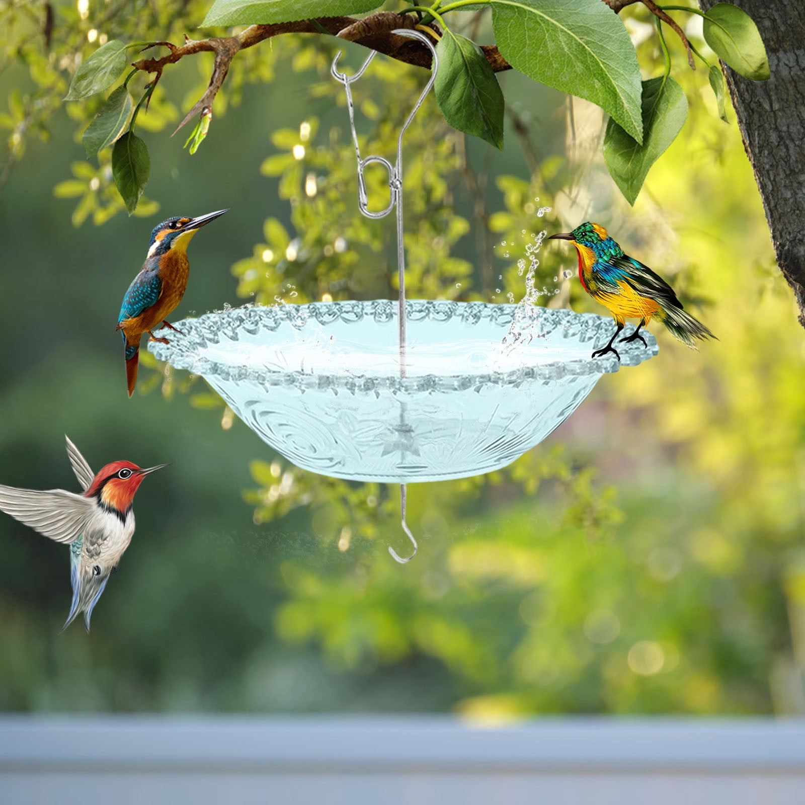 Garden Decorations Outdoor Hanging Bird Bath and Feeder with Windproof and Rainproof Cover for Courtyard