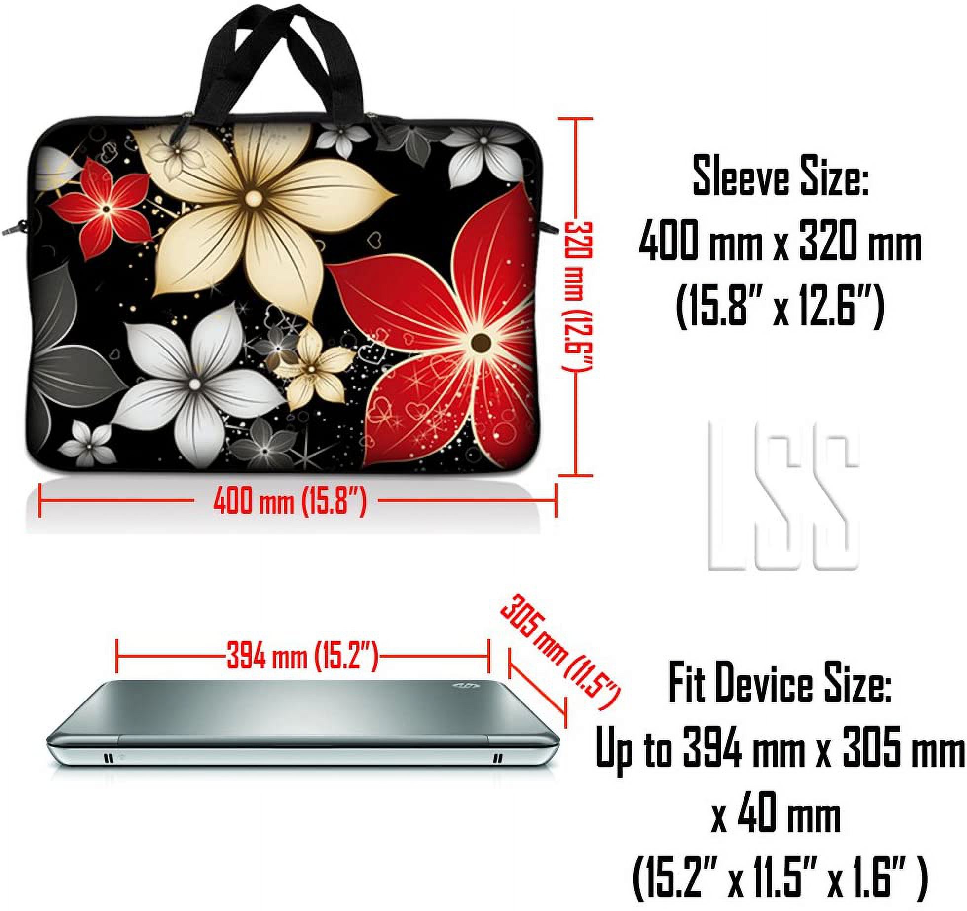 LSS 15.6 inch Laptop Sleeve Bag Compatible with Acer, Dell, HP, Sony, MacBook, Carrying Case w/ Handle & Adjustable Strap, Black Gray Red Flower Leaves