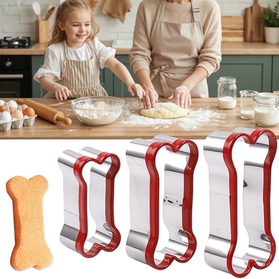 3-Piece Dog Bone Cookie Cutter Set, Food-Grade Stainless Steel Cutters with Comfort Red Rims, 3 Sizes for Homemade Dog Treats & Fondant