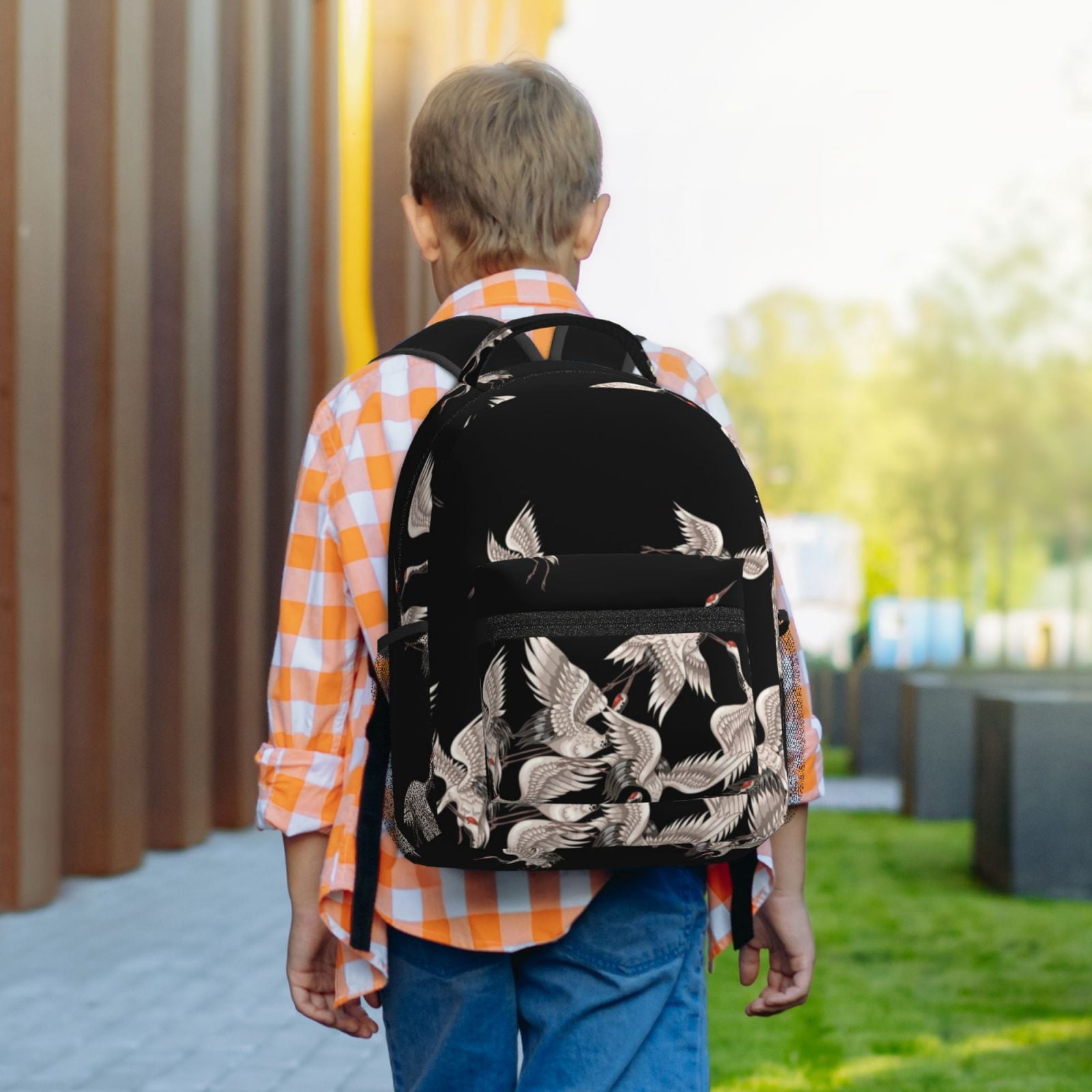 Rateoe Japanese White Crane Pattern Durable Student Backpack Laptop Bag- Ergonomic Design, Waterproof Twill Fabric - Ideal for School, Travel, and Outdoor Activities