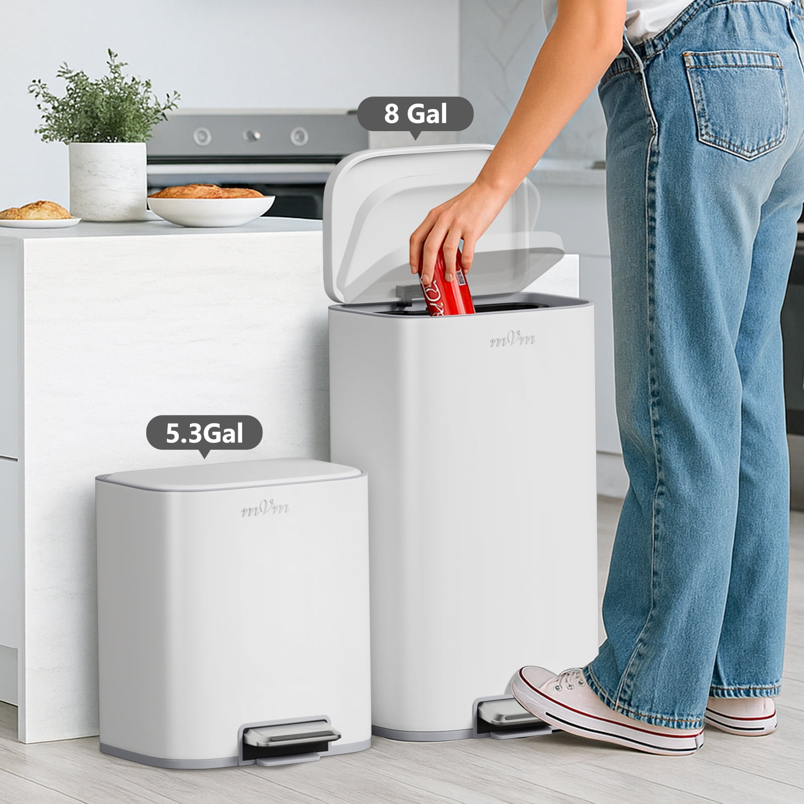 mVm Stainless Steel Trash Can, 5.3 Gal Trash Can with Lid, Smooth Edge Step Garbage Bin for Home Kitchen Office (White)