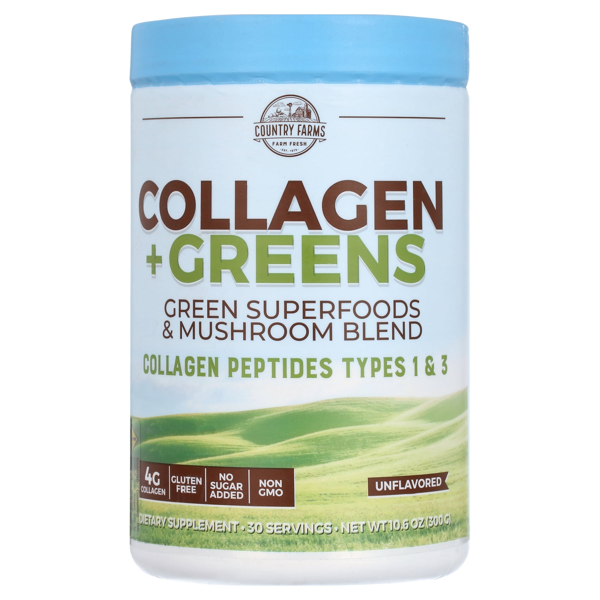 Country Farms Collagen Peptides Powder with Greens, Type I & III Collagen, Supports Skin, Hair, Nails & Joint Health, Dairy Free, Sugar Free, 30 Servings, 10.6 oz