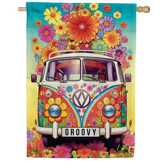 America Forever Groovy Hippie Van House Flag 28 x 40 inch Double Sided Volkswagen Bus Flower Power Peace Love Summer Retro Outdoor Yard Flag