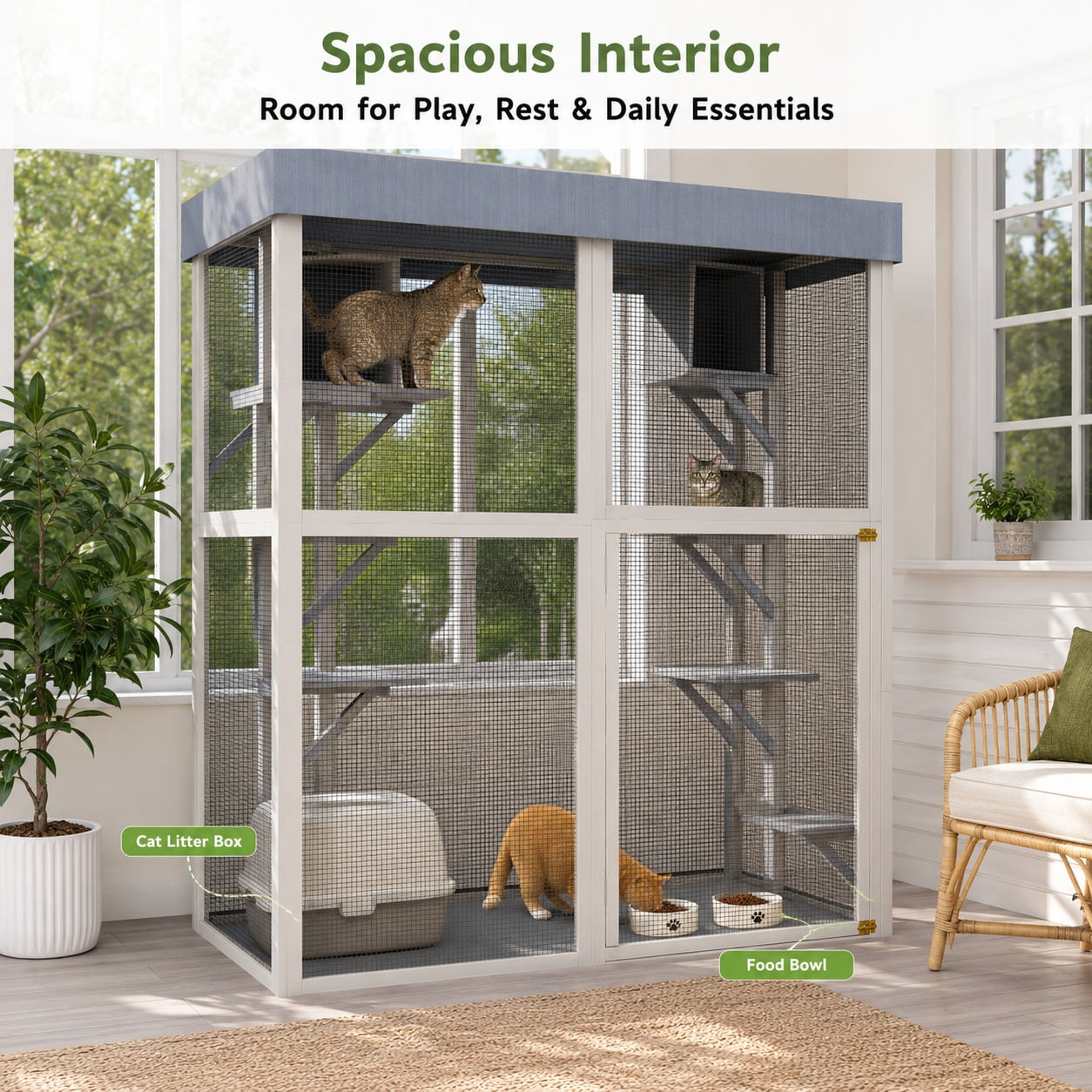 Aukfa 70"H Wooden Outdoor Cat Catio with Waterproof Roof, Large Cat Enclosure for Multiple Cats,Black