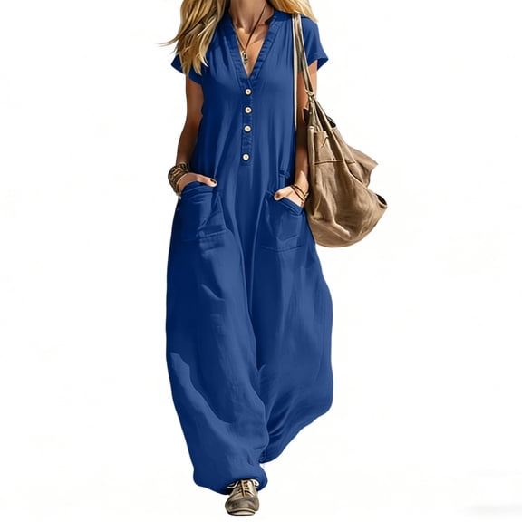 hoksml Women's V-Neck Short Sleeve Jumpsuit, Casual Button Front Wide Leg Overalls with Pockets