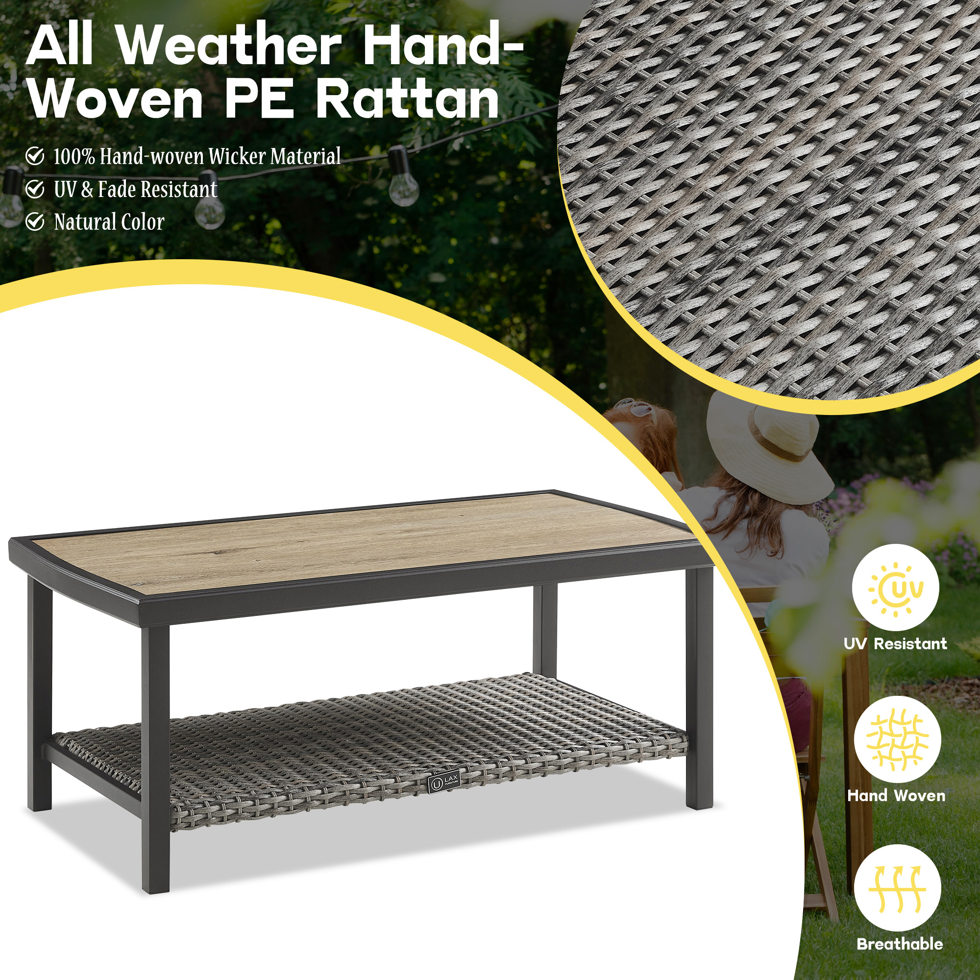 Iwicker Outdoor Wicker Coffee Table, 2-Tier Storage Shelf Rectangle Table for Patio, Brown
