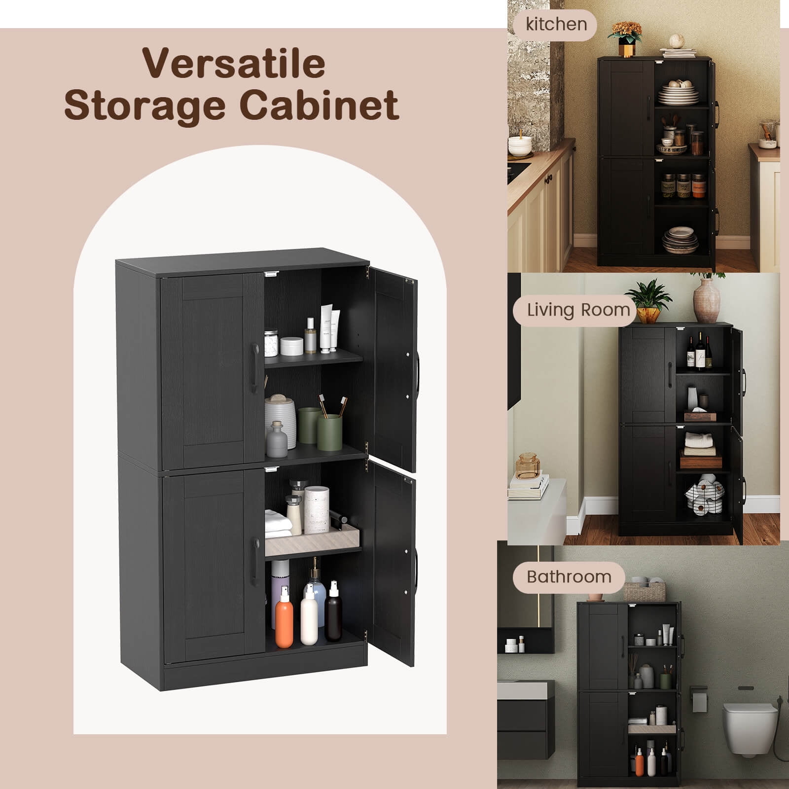 Costway Bathroom Cabinet with Doors & Adjustable Shelves Storage Organizer for Living Room Black