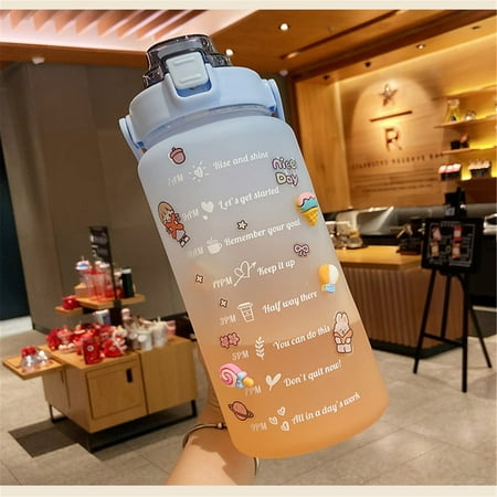 

2L Sports Straw Water Bottle With Stickers Portable Large Capacity Fitness Bike Cup Summer Ice Cold Water Jug With Time Marker