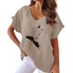 thumbnail image 1 of Gibobby Camiseta de Manga Corta con Cuello en V Camiseta manga corta murciélago casual algodón con cuello en V y estampado plumas para mujer(Caqui,G), 1 of 4
