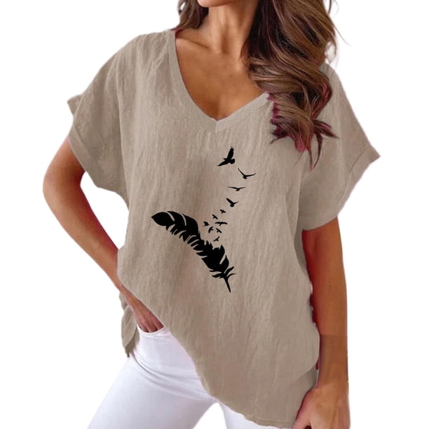 Gibobby Camiseta de Manga Corta con Cuello en V Camiseta manga corta murciélago casual algodón con cuello en V y estampado plumas para mujer(Caqui,G)