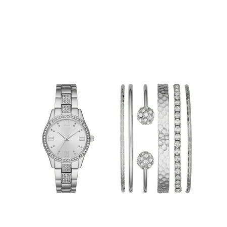 Ladies' Silver Watch and Stackable Bracelet Gift (Best Female Watches Under 100)