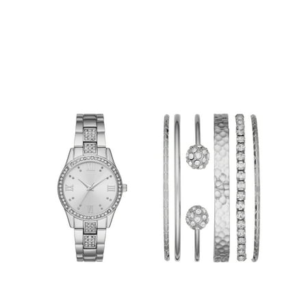 Ladies' Silver Watch and Stackable Bracelet Gift
