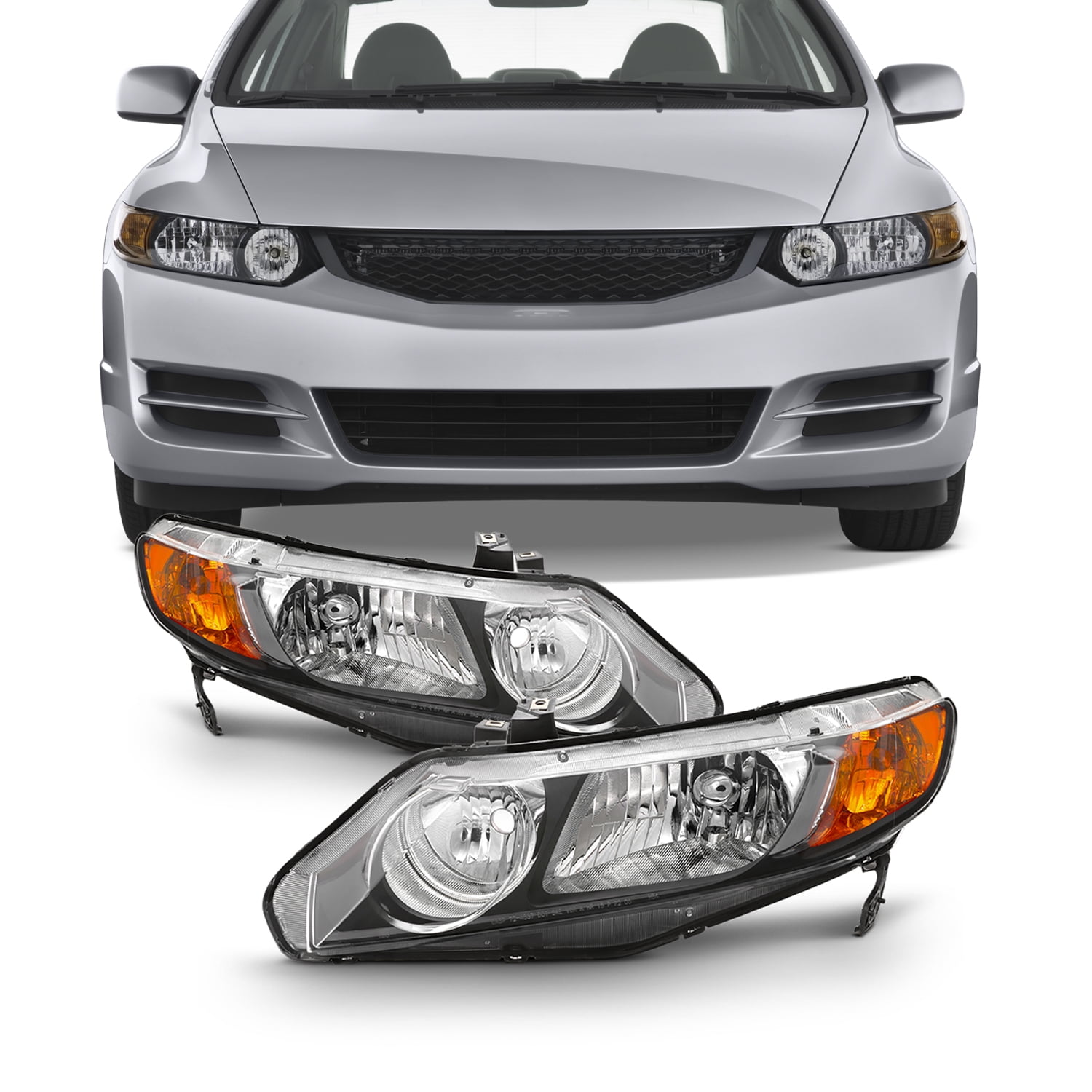Pair of Black Housing Amber Corner Headlight Assembly Lamps Compatible with Honda Civic 4-Door Sedan 06-11 