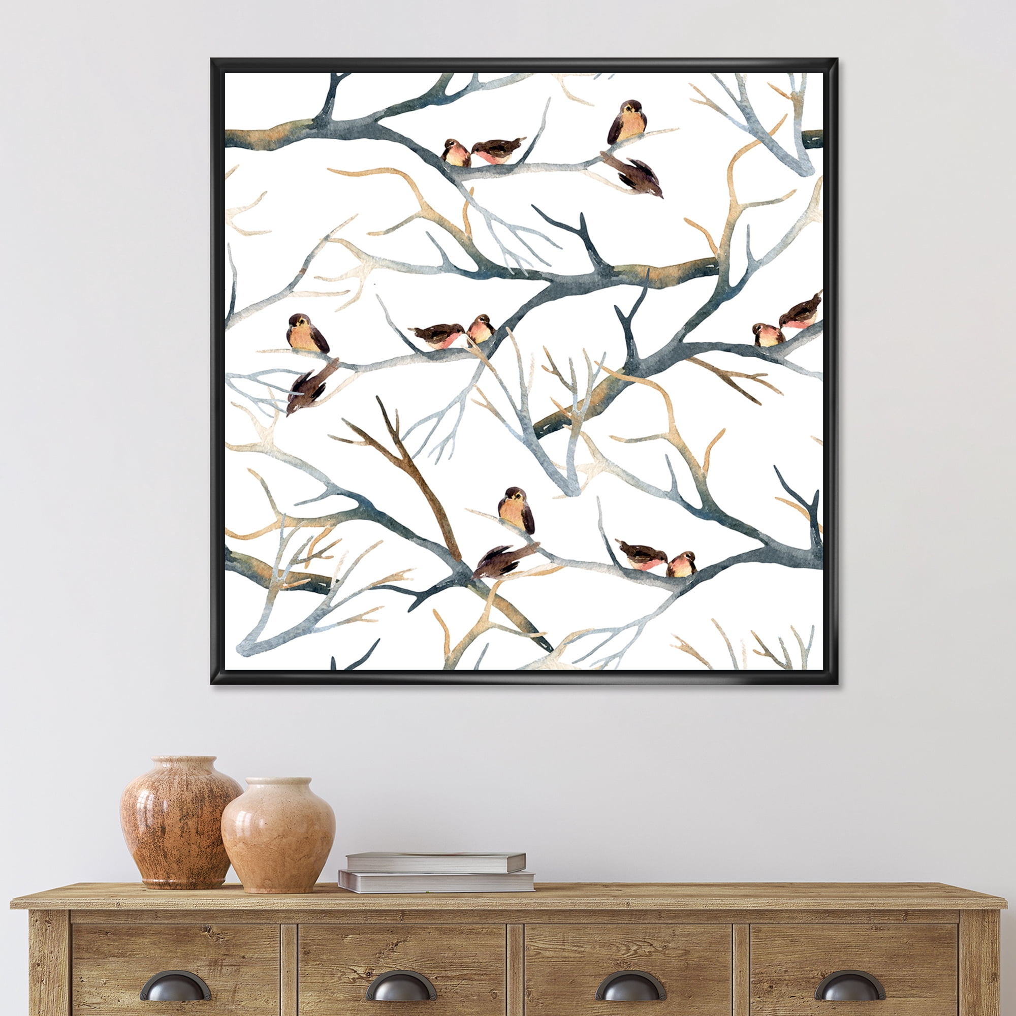 Little Birds Sitting On The Tree Branches I 16 in x 16 in Framed Painting Canvas Art Print, by Designart
