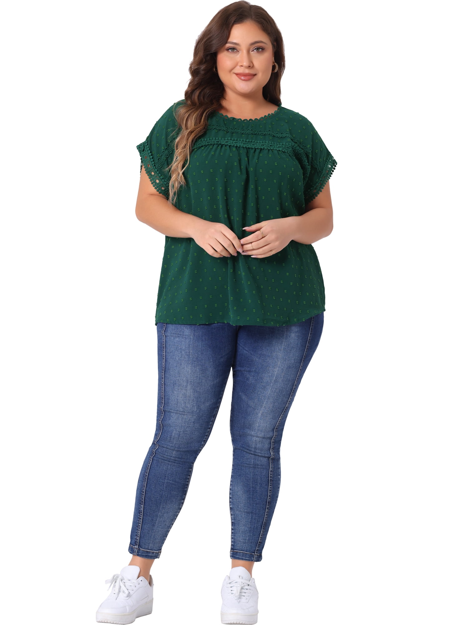 Women's Plus Tops with Swiss Dots Crew Neck Short Sleeve Casual Blouses 1X Dark Green