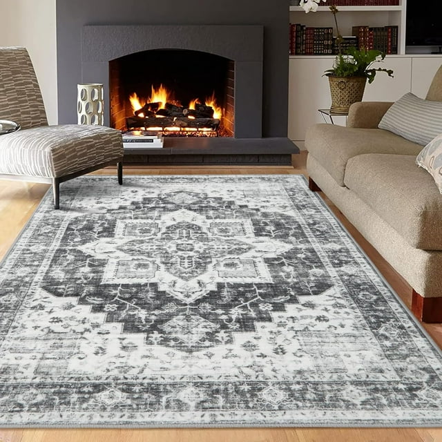 Twister.CK Machine Washable Area Rug 5' x 7', Non Slip Backing Low Pile Rugs Boho Vintage Foldable Stain Resistant Indoor Carpet for Bedroom Living Room Playroom, Gray