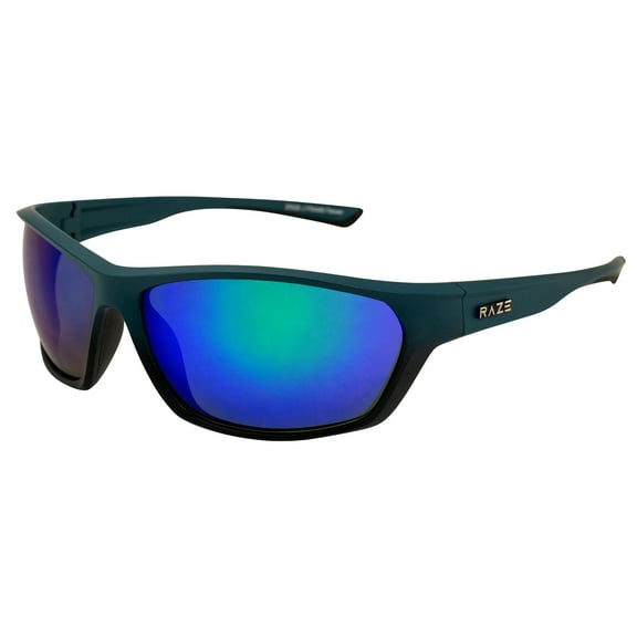 Raze Eyewear J-Frame Sunglasses for Men & Women Black-Blue Frame with Green- Blue Lenses Shatterproof Durable for Sports & Outdoor Adventures