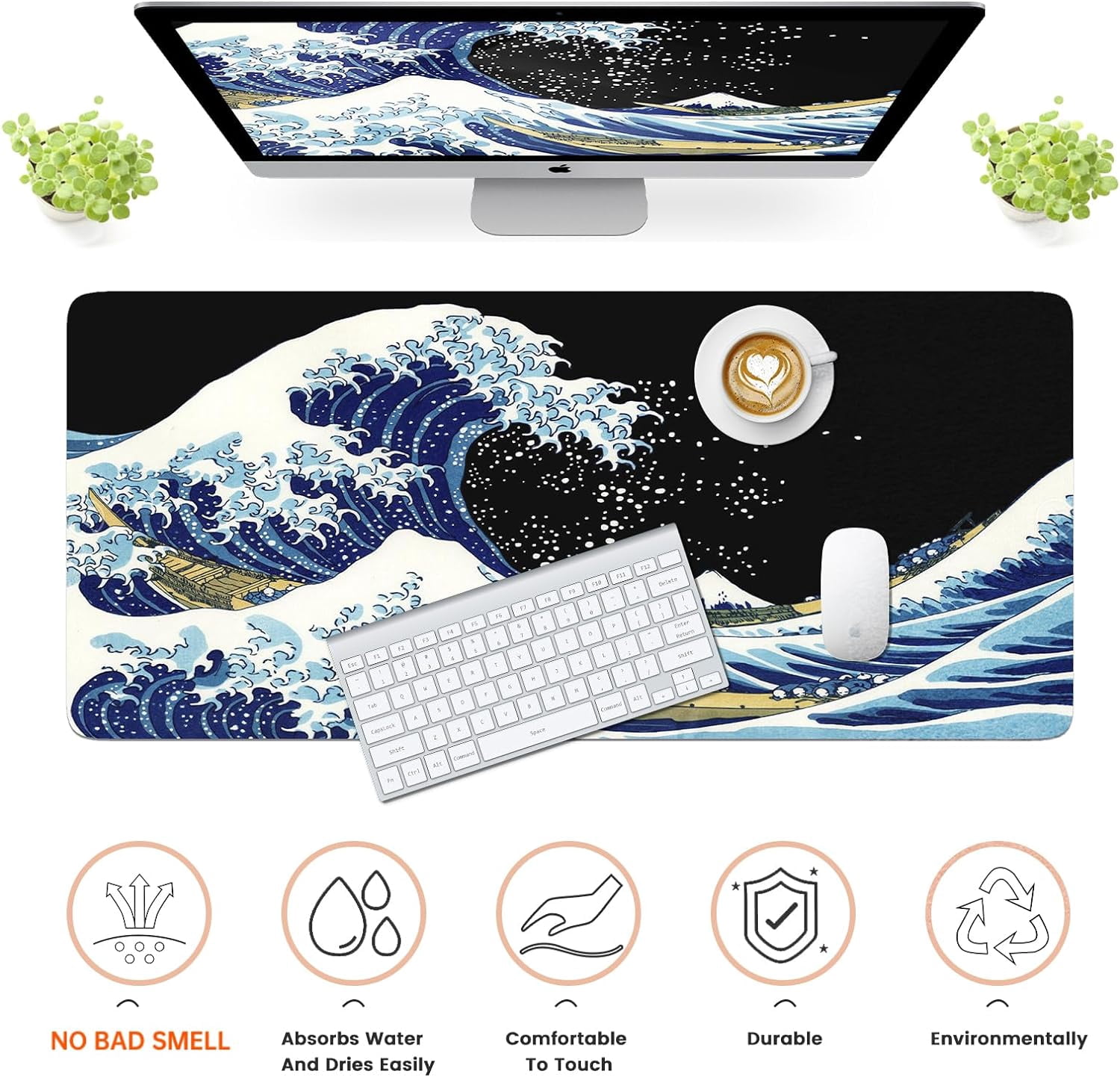 Felt Desk Mat, Japanese Sea Wave Large Mouse Pad, No Bad Smell Felt Mouse Pad with Stitched Edges, 3mm Thick 35.4x15.7 inch Felt Desk Pad Mat, Black Mouse Pad for Gaming Work, Blue