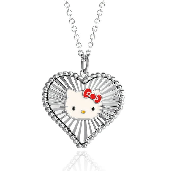 Sanrio Hello Kitty Womens Starburst Heart Rhodium Plated Pendant Necklace, 18'' - Officially Licensed