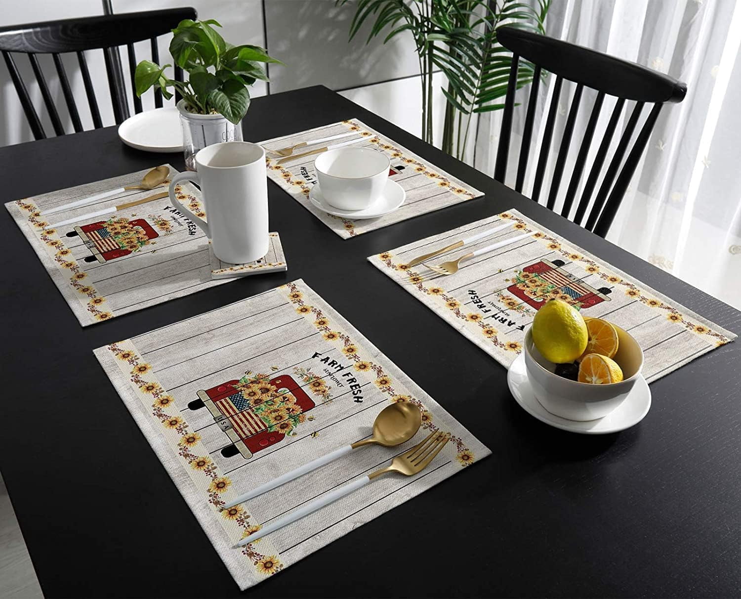 Sunflower on Car Rustic Placemats Washable Place Mats Table Mats Farmhouse Set of 6 Cotton Linen Indoor Placemat for Kitchen Living Room Wooden Board 12 x 18 Inches