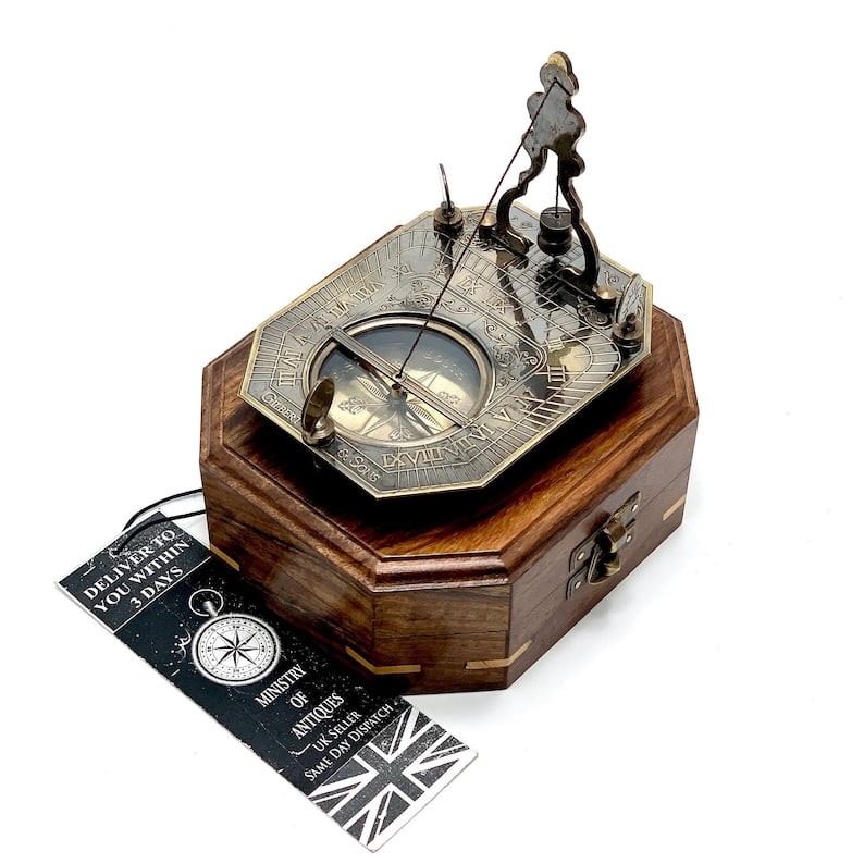 Antique Nautical Sundial Pendulum Compass Engrave Gilbert & Sons London Sundial Compass 4.5" Brass Navigation Compass with Wooden Box