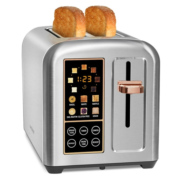 SEEDEEM Toaster 2 Slice, Stainless Toaster LCD Display&Touch Button, 50% Faster Heating Speed, 1.4 Wide Slots Toaster, 4 Basic+More Timer Functions, Removable Crumb Tray, 1350W, Silver Metallic