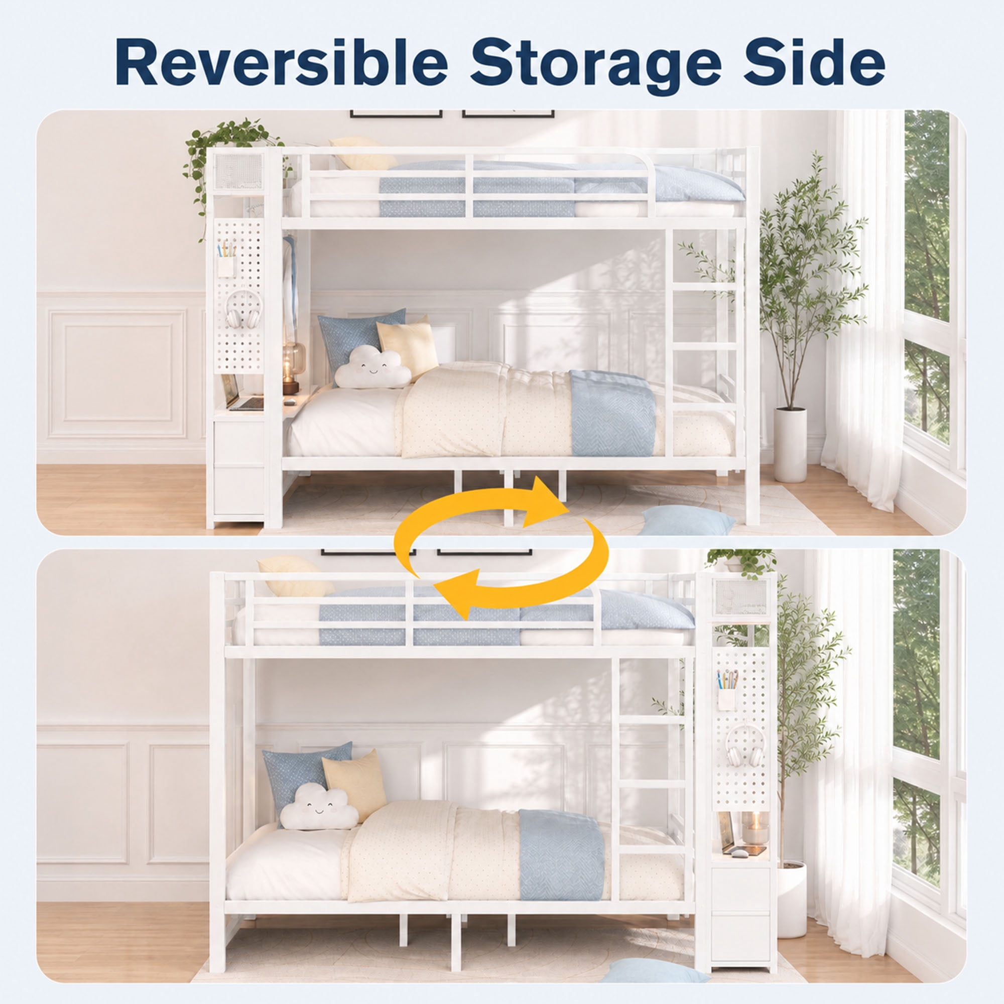 Miniyam Full Over Full Metal Bunk Bed with 6 Storage Drawers, LED Light and Charging Station,White
