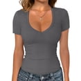 thumbnail image 7 of T Shirts For Women Gray Womens Tops Fashion V Neck Short Sleeve Elegant Basic Ribbed Tee Slim Fit Plain Summer Tops, 7 of 7