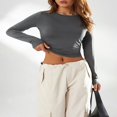 thumbnail image 4 of Women‘s Y2K Slim Crop Tops Solid Color Long Sleeve  Neck T-Shirts Basic Tee Yoga Workout Tops, 4 of 6