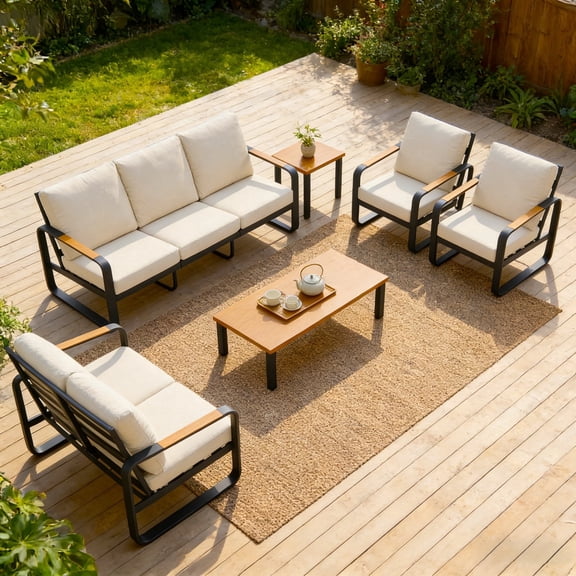 Fnova 6 Piece Patio Conversation Sets, Outdoor Patio Furniture Set with Coffee Table & Thick Cushions, Outdoor Sectional Furniture Set for Porch, Balcony, Backyard